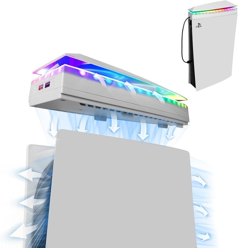 Raryars Console Cooling Fan with Dust Cover Colorful LED Light for PS5 Console Disc Edition & Digital Edition Silent Absorb Fan Cooler with 2 USB Port PlayStation 5 Cooling System - Image 1